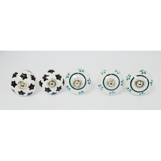 Ceramic Knobs - White Two Flower Design Set - Kitchen Cabinet Hardware Door Decorative Dresser Pulls - Set Of 5