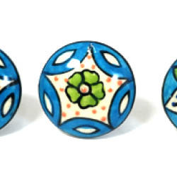 Blue & Green Leaf Flower Design Ceramic Drawer Knobs - For Kitchen Cabinet Hardware Door Handle Pulls Decorative Dresser - Pack Of 5