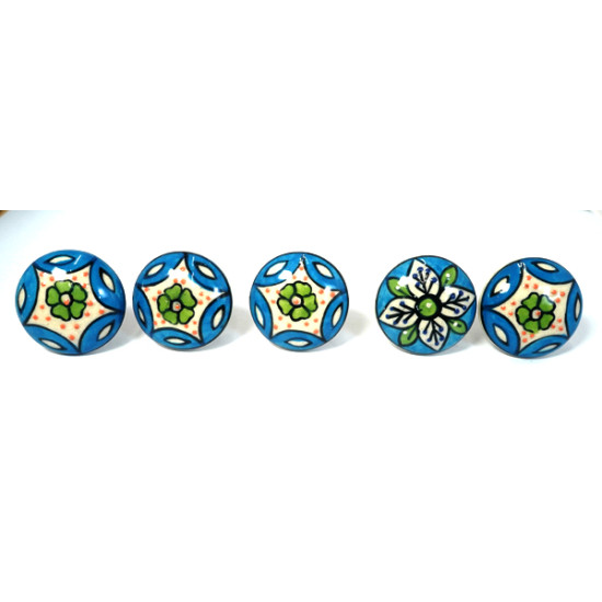 Blue & Green Leaf Flower Design Ceramic Drawer Knobs - For Kitchen Cabinet Hardware Door Handle Pulls Decorative Dresser - Pack Of 5