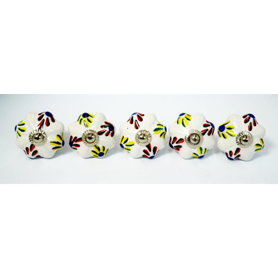 White &  Colourful Leaf Design Ceramic Drawer Knobs - For Kitchen Cabinet Hardware Door Handle Pulls Decorative Dresser - Pack Of 5