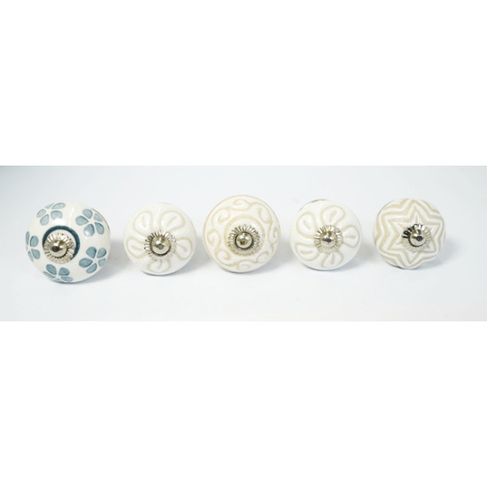 White & Multi Design Ceramic Drawer Knobs - For Kitchen Cabinet Hardware Door Handle Pulls Decorative Dresser - Pack Of 5