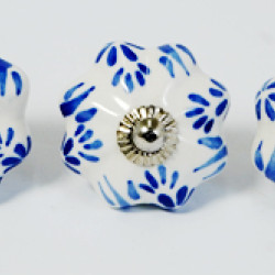 White & Blue Leaf Design Drawer Ceramic Knob - For Kitchen Cabinet Hardware Door Pulls Decorative Dresser - Pack Of 5