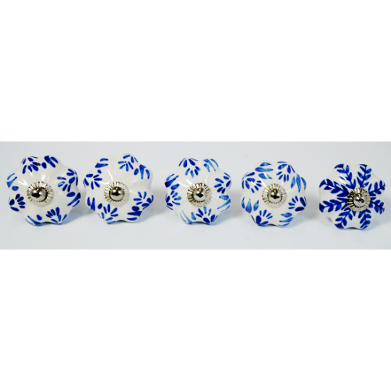 White & Blue Leaf Design Drawer Ceramic Knob - For Kitchen Cabinet Hardware Door Pulls Decorative Dresser - Pack Of 5