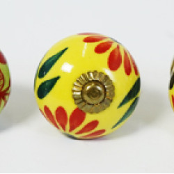 Ceramic  Knobs - Yellow & Green Two Flower Design Set - Decorative Kitchen and Dresser Handles - Set Of 5