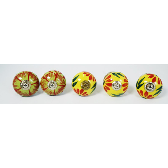 Ceramic  Knobs - Yellow & Green Two Flower Design Set - Decorative Kitchen and Dresser Handles - Set Of 5