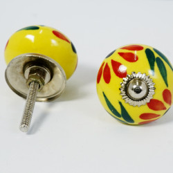 Ceramic  Knobs - Yellow & Green Two Flower Design Set - Decorative Kitchen and Dresser Handles - Set Of 5