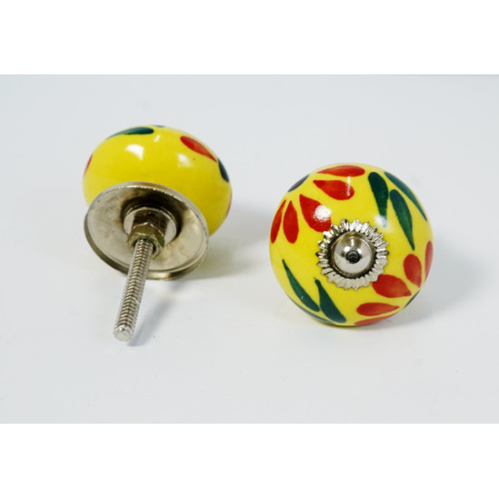Ceramic  Knobs - Yellow & Green Two Flower Design Set - Decorative Kitchen and Dresser Handles - Set Of 5