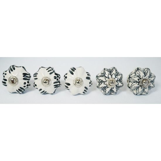 White & Black Leaf Flower Design Ceramic Drawer Knobs - For Kitchen Cabinet Hardware Door Handle Pulls Decorative Dresser - Pack Of 5