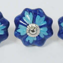 Sky & Navy Blue Floral Design Ceramic Drawer Knobs - For Kitchen Cabinet Hardware Door Handle Pulls Decorative Dresser - Pack Of 5