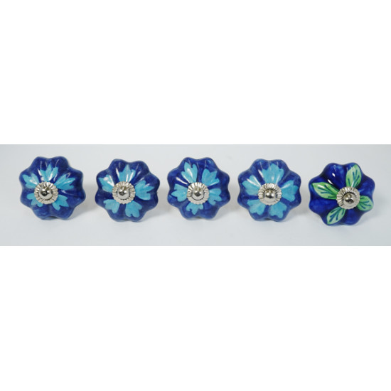 Sky & Navy Blue Floral Design Ceramic Drawer Knobs - For Kitchen Cabinet Hardware Door Handle Pulls Decorative Dresser - Pack Of 5