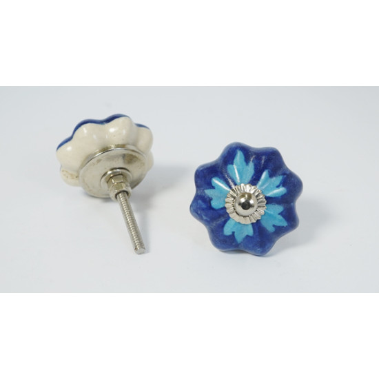 Sky & Navy Blue Floral Design Ceramic Drawer Knobs - For Kitchen Cabinet Hardware Door Handle Pulls Decorative Dresser - Pack Of 5