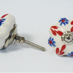 Blue Flower & Red Leaf Design - Ceramic  Knobs - For Farmhouse, Home, Office, Garage, Room, Bathroom, Kitchen, Bedroom - Set Of 5