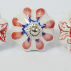 White & Red Colour Flower Design Ceramic Drawer Knobs - For Kitchen Cabinet Hardware Door Handle Pulls Decorative Dresser - Pack Of 5