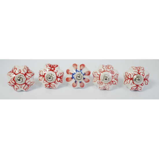 White & Red Colour Flower Design Ceramic Drawer Knobs - For Kitchen Cabinet Hardware Door Handle Pulls Decorative Dresser - Pack Of 5