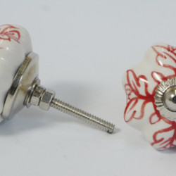 White & Red Colour Flower Design Ceramic Drawer Knobs - For Kitchen Cabinet Hardware Door Handle Pulls Decorative Dresser - Pack Of 5