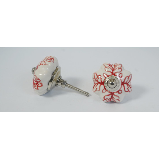 White & Red Colour Flower Design Ceramic Drawer Knobs - For Kitchen Cabinet Hardware Door Handle Pulls Decorative Dresser - Pack Of 5