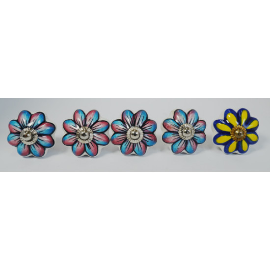 Ceramic Knobs - Two Flower Design Set - For Drawer Kitchen Cabinet Hardware Door Pulls Decorative Dresser - Set Of 5