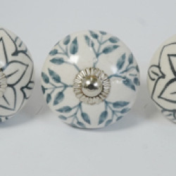 Black Flower Design - Ceramic  Knobs - Two Design Set - Decorative Kitchen and Dresser Handles - Set Of 5