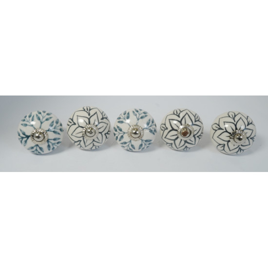 Black Flower Design - Ceramic  Knobs - Two Design Set - Decorative Kitchen and Dresser Handles - Set Of 5