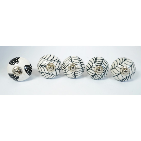NOVELIKA - Black Pattern With Black Heart White Dotted-Ceramic knobs. For  Kitchen Cupboard ,Furniture Home Décor,  Cabinet - Drawer (Set of 5)