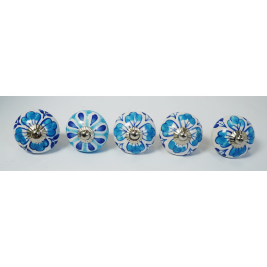 White & Blue Flower Design Ceramic Drawer Knobs - For Kitchen Cabinet Hardware Door Handle Pulls Decorative Dresser - Pack Of 5