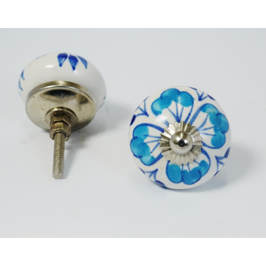 White & Blue Flower Design Ceramic Drawer Knobs - For Kitchen Cabinet Hardware Door Handle Pulls Decorative Dresser - Pack Of 5