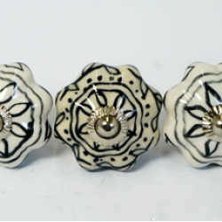 Ceramic Knobs - White & Black Line Flower Design - For Drawer Kitchen Cabinet Hardware Door Pulls Decorative Dresser - Set Of 5 Pack