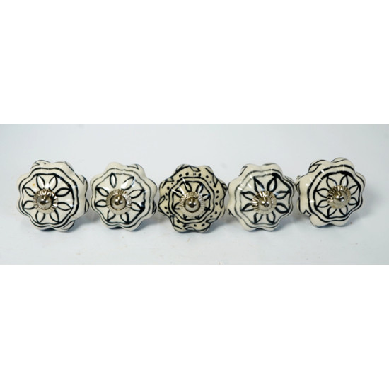 Ceramic Knobs - White & Black Line Flower Design - For Drawer Kitchen Cabinet Hardware Door Pulls Decorative Dresser - Set Of 5 Pack