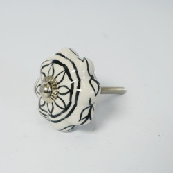 Ceramic Knobs - White & Black Line Flower Design - For Drawer Kitchen Cabinet Hardware Door Pulls Decorative Dresser - Set Of 5 Pack