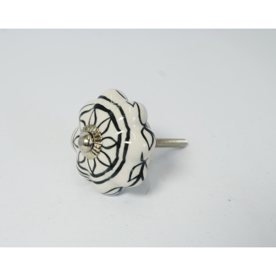 Ceramic Knobs - White & Black Line Flower Design - For Drawer Kitchen Cabinet Hardware Door Pulls Decorative Dresser - Set Of 5 Pack