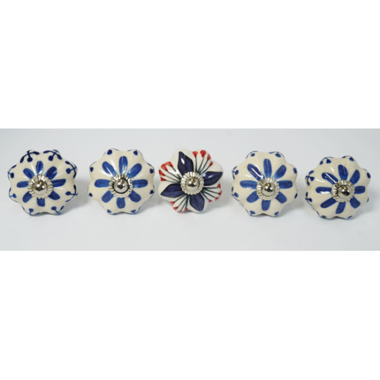 NOVELIKA -Blue Flowers  Ceramic knobs. For  Kitchen Cupboard ,Furniture Home Décor,  Cabinet - Drawer -( Set of 5)