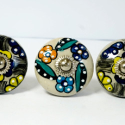Off White & colourful Flower Design Ceramic Drawer Knobs - For Kitchen Cabinet Hardware Door Handle Pulls Decorative Dresser - Pack Of 5