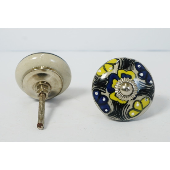 Off White & colourful Flower Design Ceramic Drawer Knobs - For Kitchen Cabinet Hardware Door Handle Pulls Decorative Dresser - Pack Of 5