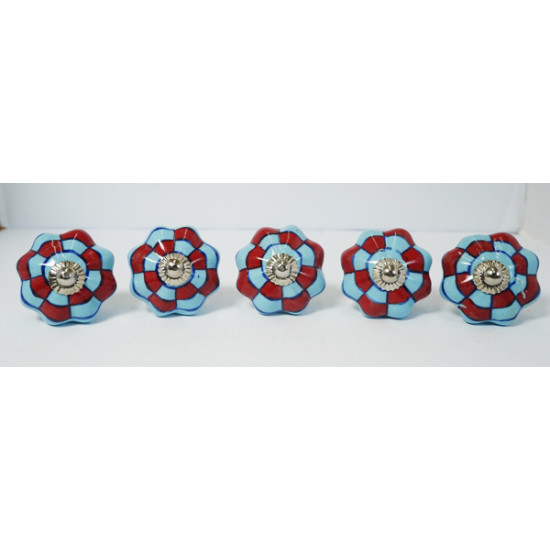 Sky Blue & Red Mini Block - Ceramic  Knobs - Decorative Kitchen and Dresser Handles - Set Of 5