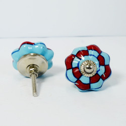 Sky Blue & Red Mini Block - Ceramic Knobs - Decorative Kitchen and Dresser Handles - Set Of 5 Sky Blue & Red Mini Block - Ceramic Knobs - Decorative Kitchen and Dresser Handles - Set Of 5