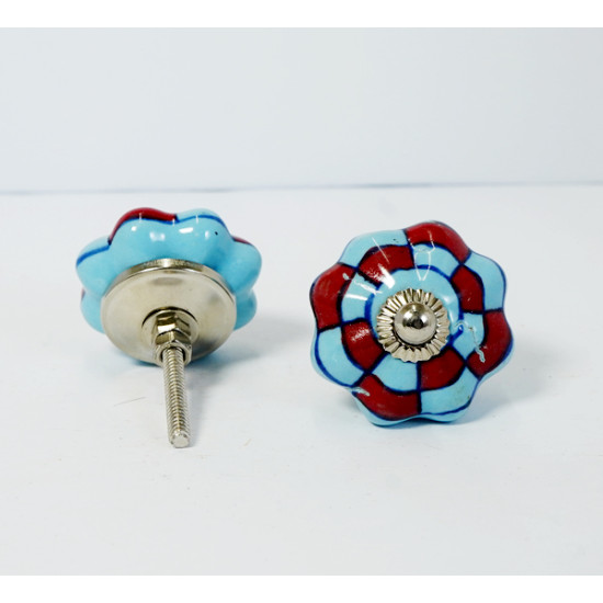 Sky Blue & Red Mini Block - Ceramic  Knobs - Decorative Kitchen and Dresser Handles - Set Of 5