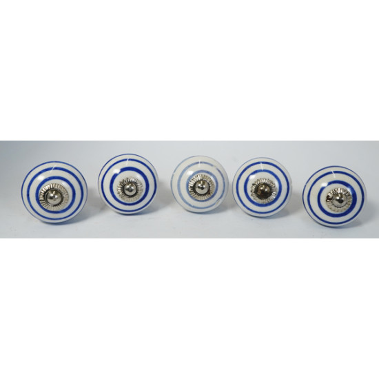 NOVELIKA - White Ceramic Round Blue Lines Ceramic Knobs For-Kitchens, Offices, Changing Rooms and Other Places.(Set of 5 )