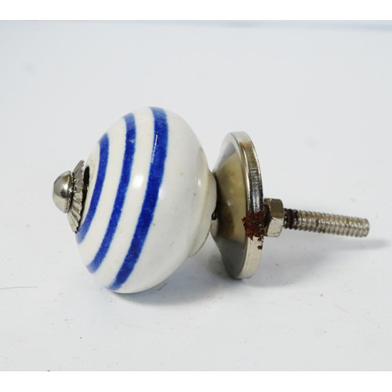 NOVELIKA - White Ceramic Round Blue Lines Ceramic Knobs For-Kitchens, Offices, Changing Rooms and Other Places.(Set of 5 )