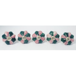 Ceramic Knobs - Pink & Dark Green Design - Decorative Kitchen and Dresser Handles - Set Of 5 Ceramic Knobs - Pink & Dark Green Design - Decorative Kitchen and Dresser Handles - Set Of 5
