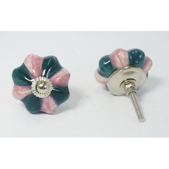 Ceramic  Knobs - Pink & Dark Green Design - Decorative Kitchen and Dresser Handles - Set Of 5 