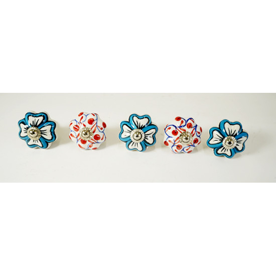 Two color Flower Design Ceramic Drawer Knobs - For Kitchen Cabinet Hardware Door Handle Pulls Decorative Dresser - Pack Of 5