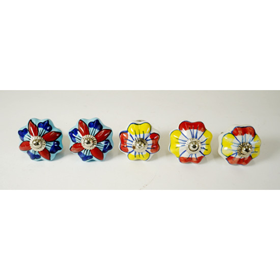Two color Flower Design Ceramic Drawer Knobs - For Kitchen Cabinet Hardware Door Handle Pulls Decorative Dresser - Pack Of 5