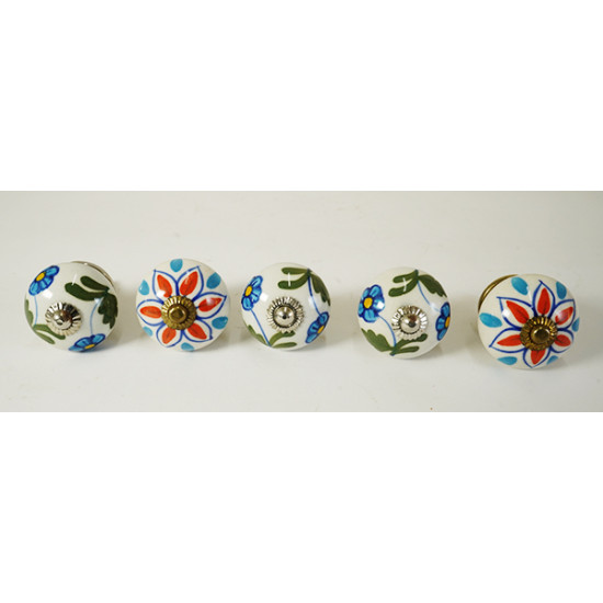 White color Ceramic Knobs Two Design Set - For Kitchen Cabinet Hardware Door Handle Pulls Decorative Dresser - Pack Of 5