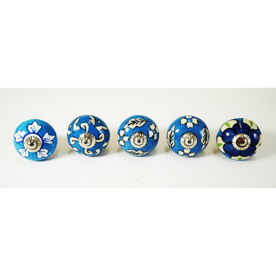 NOVELIKA -Blue Flower ceramic Knobs For  Kitchen Cupboard ,Furniture Home Décor, Cabinet- Drawer- Cabinet pulls -Door knobs. (Set Of 5.)