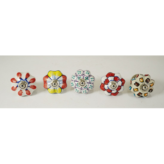 Multicolor Flower Design Ceramic Drawer Knobs - For Kitchen Cabinet Hardware Door Handle Pulls Decorative Dresser - Pack Of 5