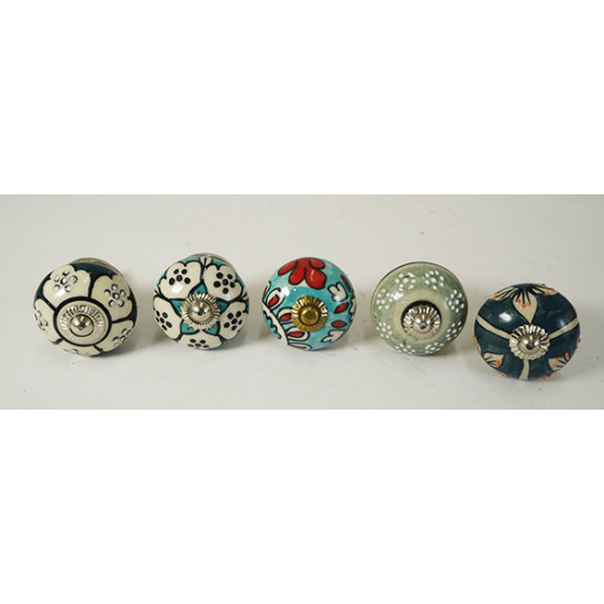 Multicolor Flower Design Ceramic Drawer Knobs - For Kitchen Cabinet Hardware Door Handle Pulls Decorative Dresser - Pack Of 5