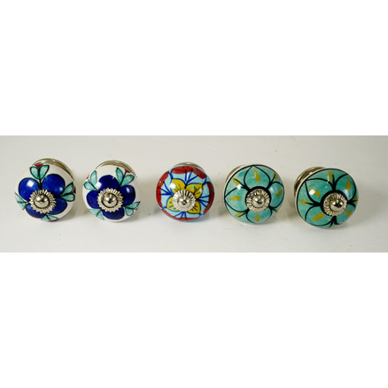 Multicolor Flower Design Ceramic Drawer Knobs - For Kitchen Cabinet Hardware Door Handle Pulls Decorative Dresser - Pack Of 5