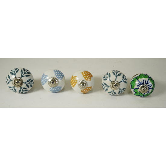 Multicolor Flower Design Ceramic Drawer Knobs - For Kitchen Cabinet Hardware Door Handle Pulls Decorative Dresser - Pack Of 5