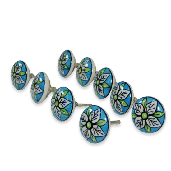 Green & Blue With White Flower Design - Ceramic Knobs Door Handle Cabinet Drawer Cupboard Pull Indian Hand Painted - Set Of 9 Pack