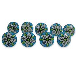 Green & Blue With White Flower Design - Ceramic Knobs Door Handle Cabinet Drawer Cupboard Pull Indian Hand Painted - Set Of 9 Pack